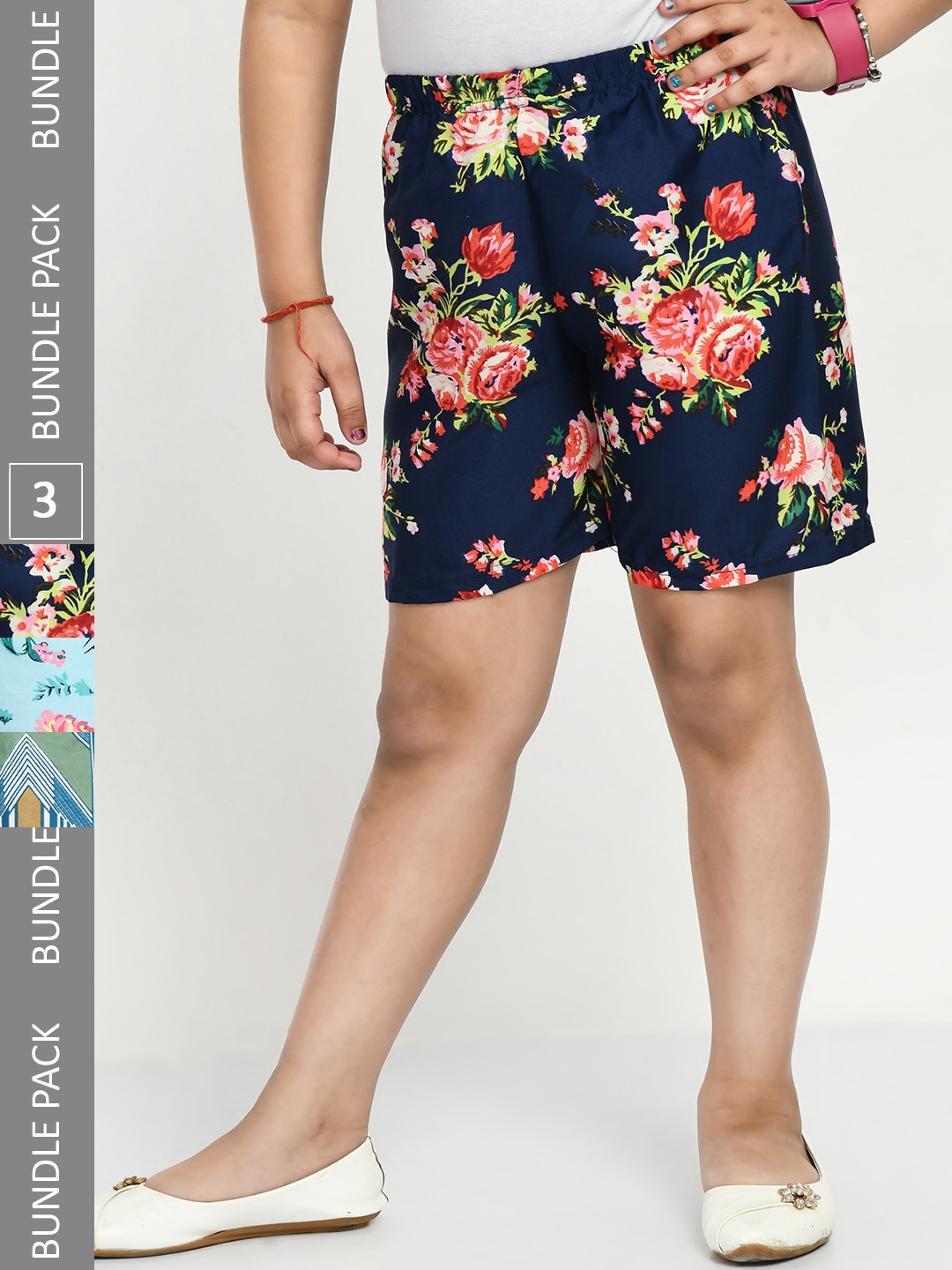 IndiWeaves Girls Pack Of 3 Floral Printed High-Rise Shorts, Navy blue
