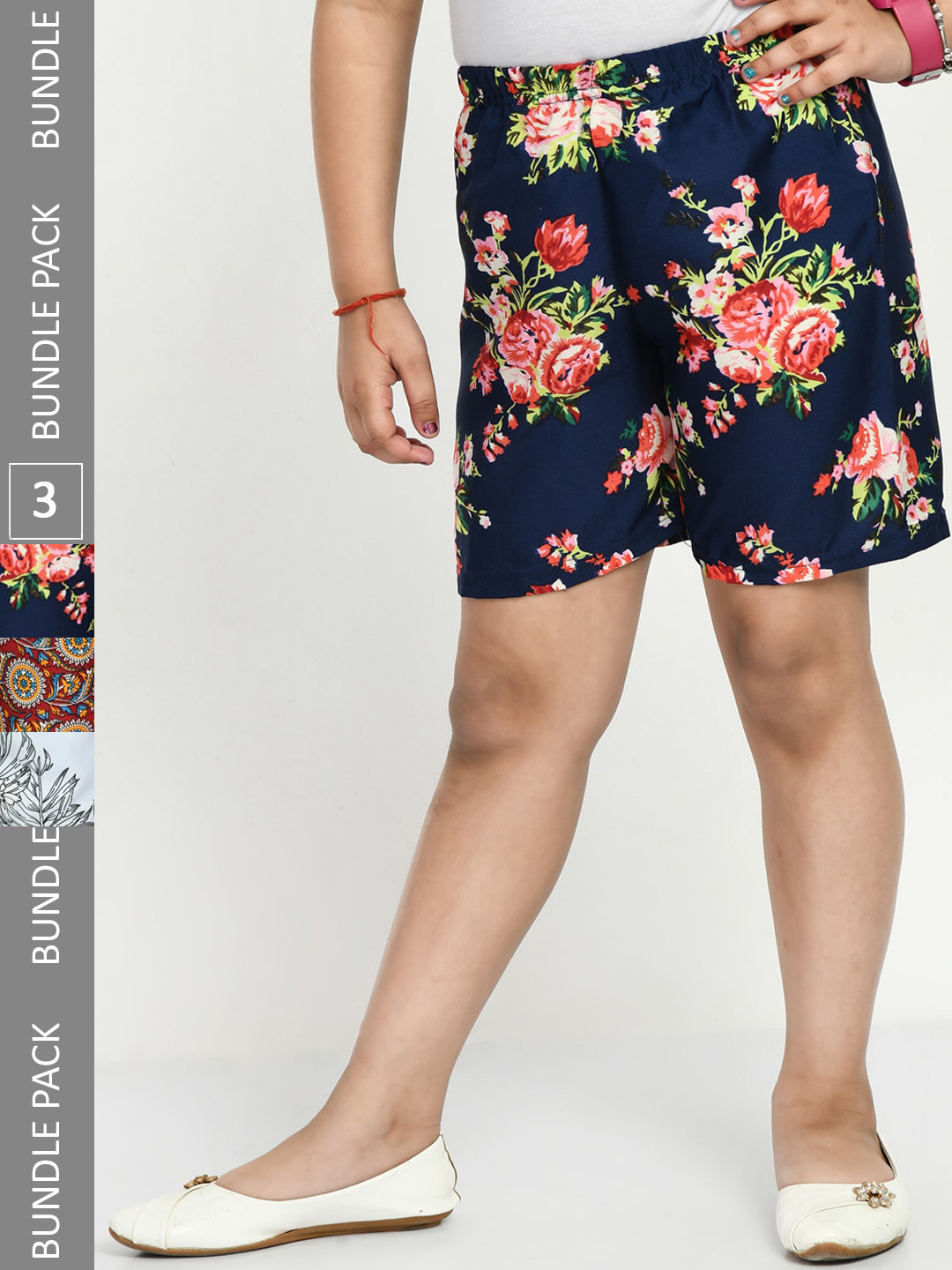 

IndiWeaves Girls Pack of 3 Floral Printed High-Rise Shorts, Navy blue
