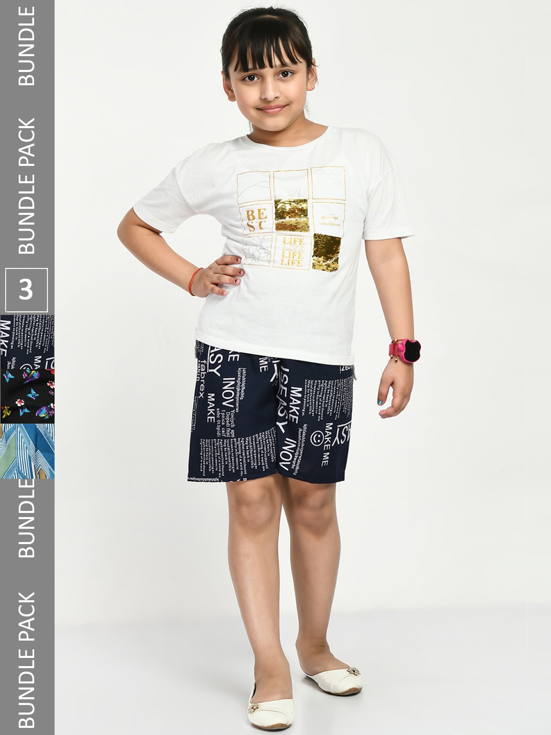 

IndiWeaves Girls Pack Of 3 Printed High-Rise Shorts, Navy blue