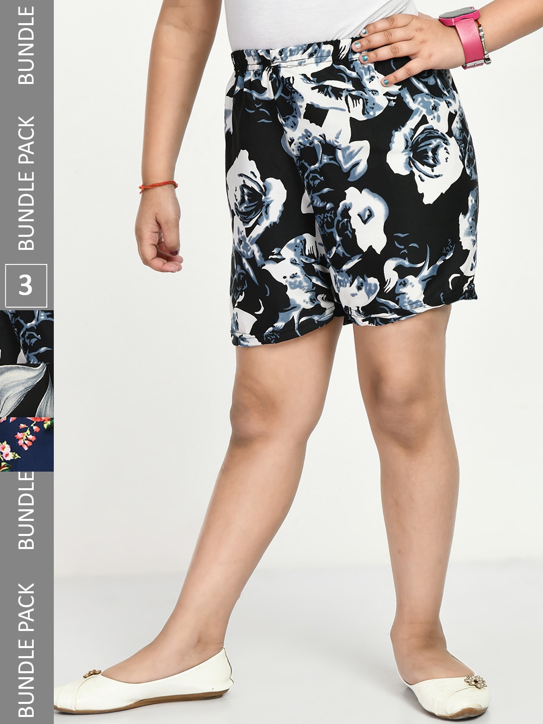 IndiWeaves Girls Pack of 3 Floral Printed High-Rise Shorts, Black