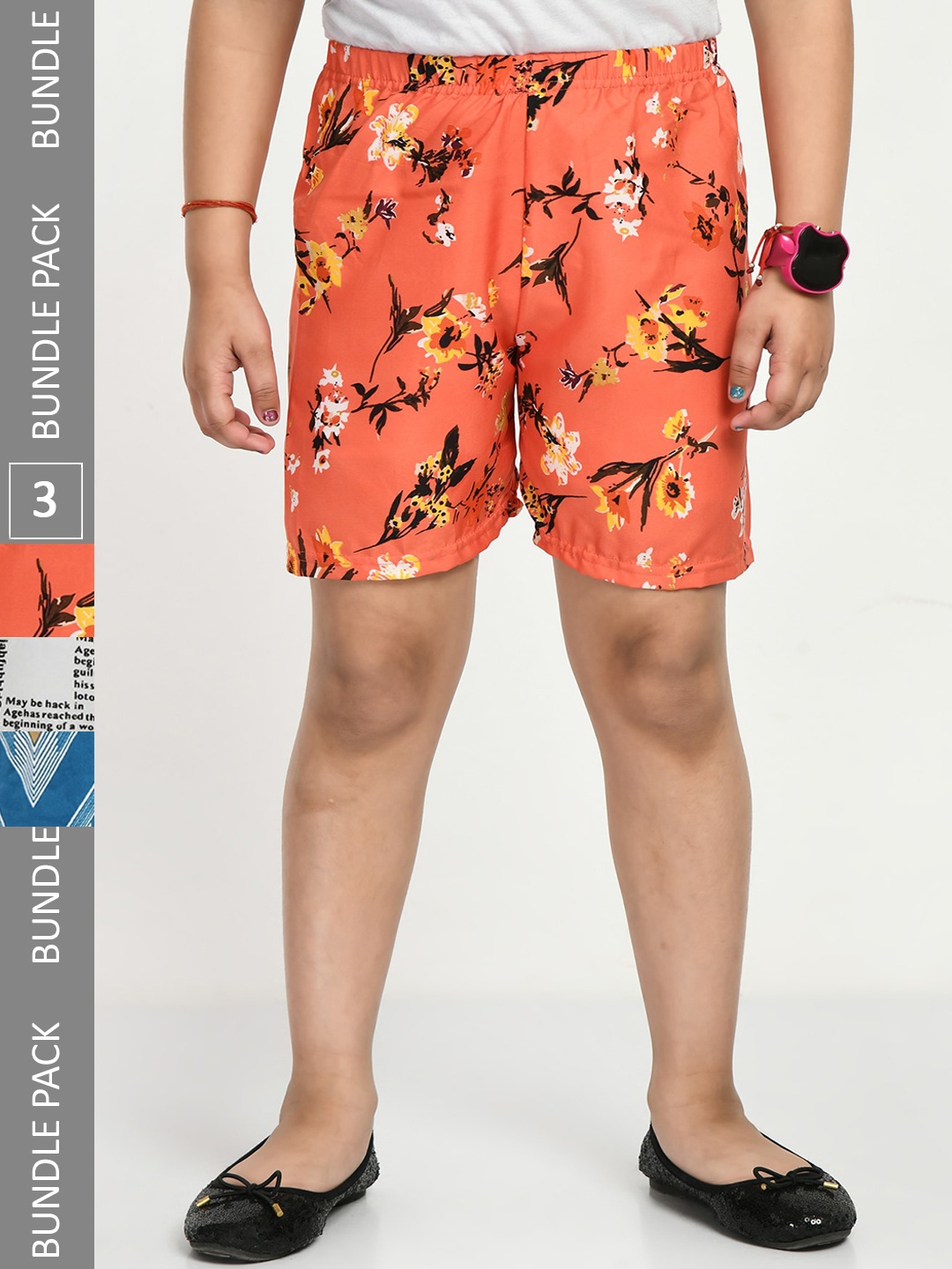 

IndiWeaves Girls Pack Of 3 Printed High-Rise Shorts, Orange