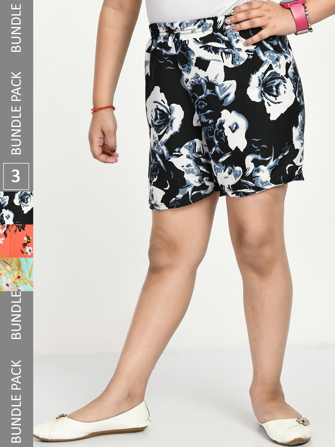 

IndiWeaves Girls Pack Of 3 Floral Printed High-Rise Shorts, Black