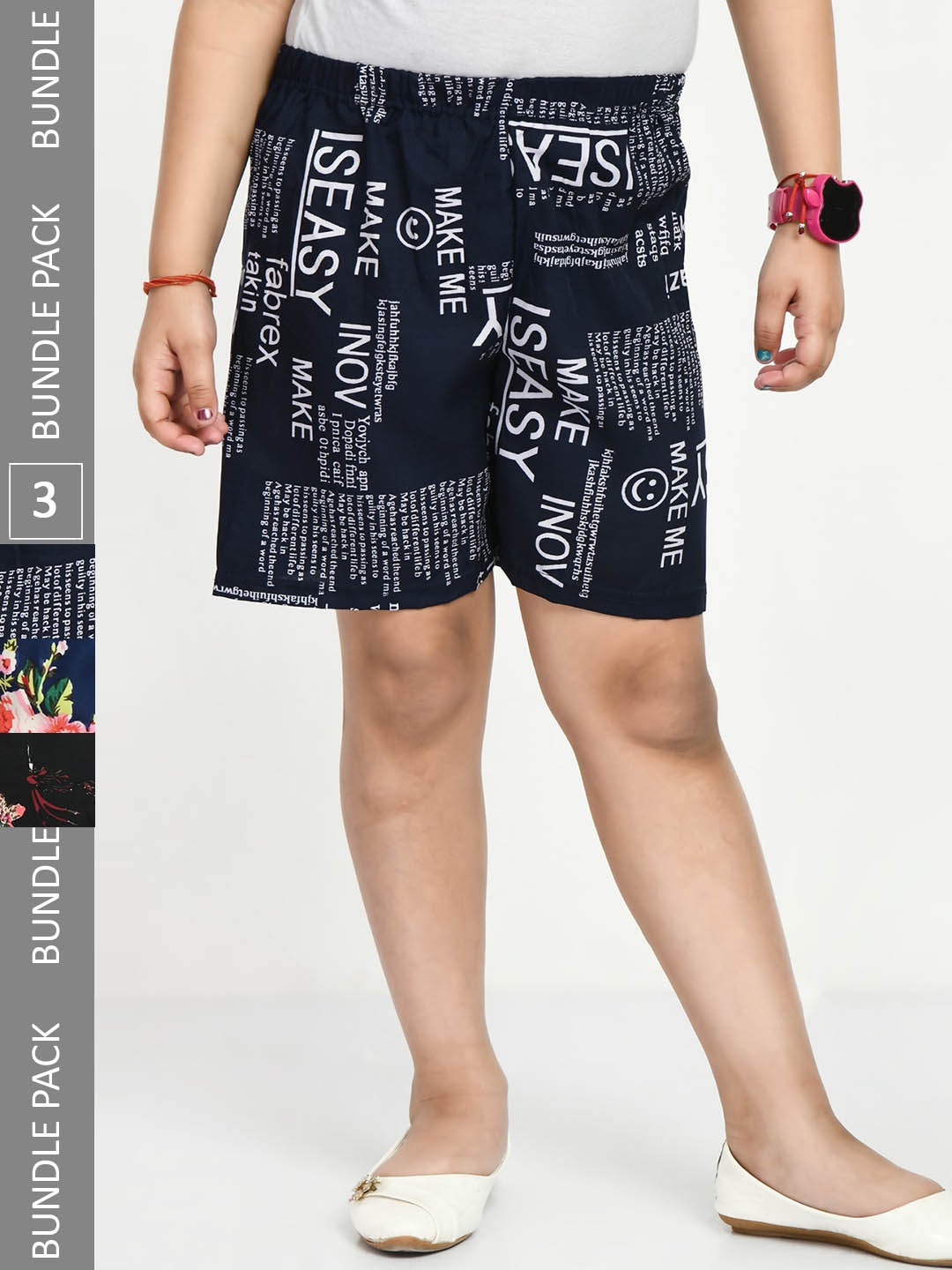 

IndiWeaves Girls Pack Of 3 Printed High-Rise Shorts, Navy blue