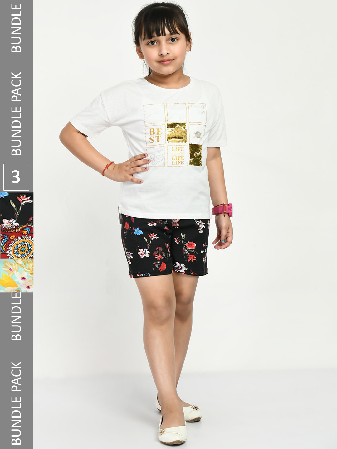 

IndiWeaves Girls Pack Of 3 Floral Printed High-Rise Shorts, Black