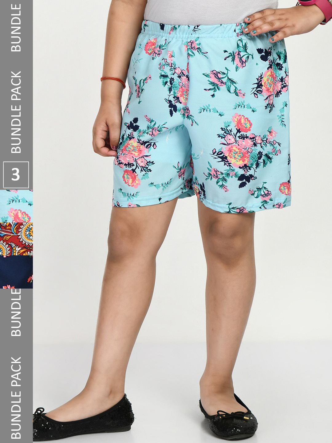 

IndiWeaves Girls Pack Of 3 Floral Printed High-Rise Shorts, Blue