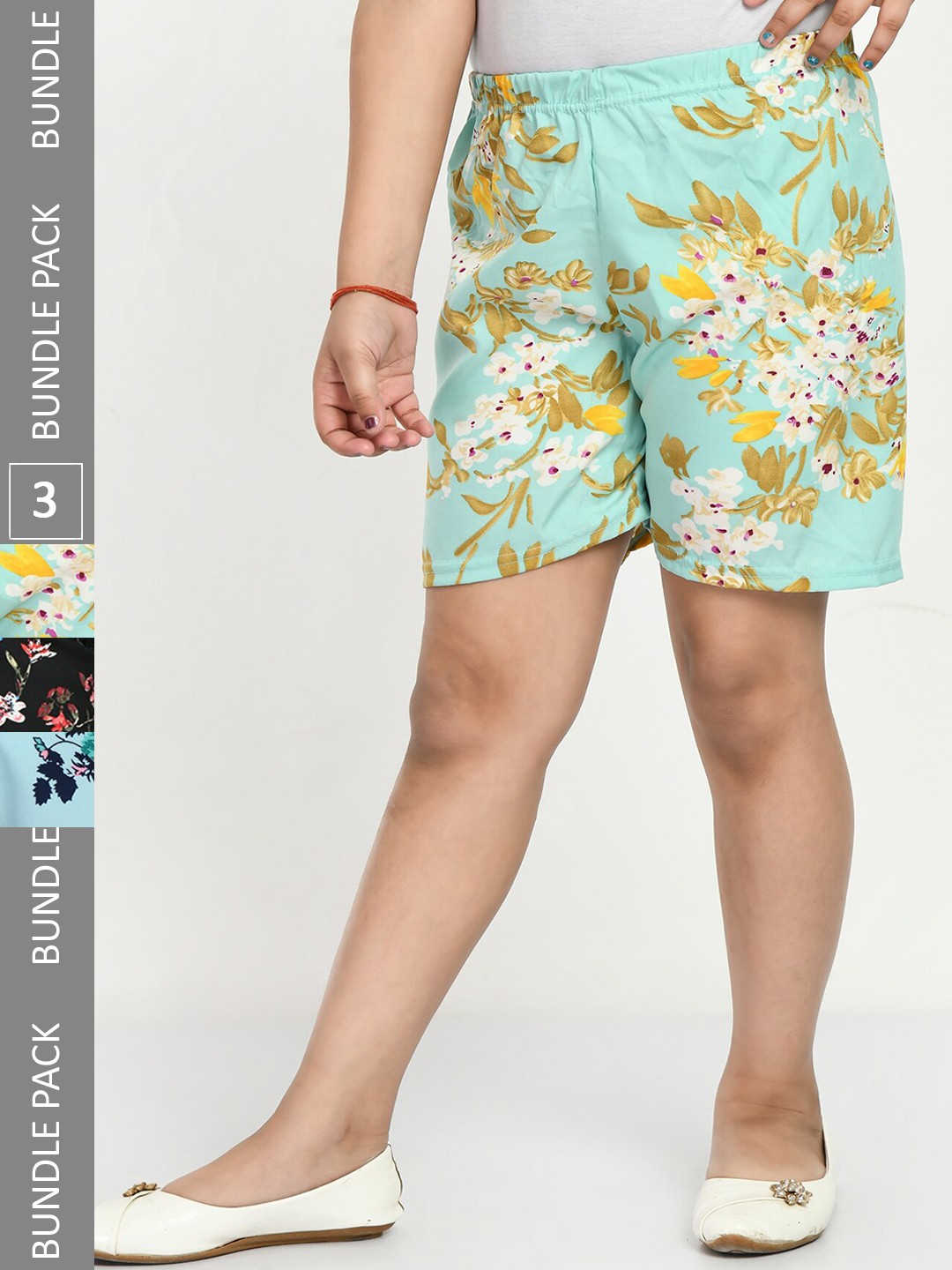 

IndiWeaves Girls Pack Of 3 Printed Mid-Rise Shorts, Green