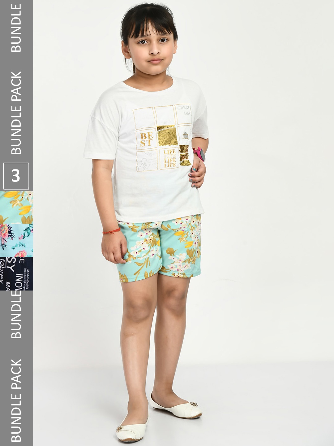 

IndiWeaves Girls Pack Of 3 Floral Printed High-Rise Shorts, Blue