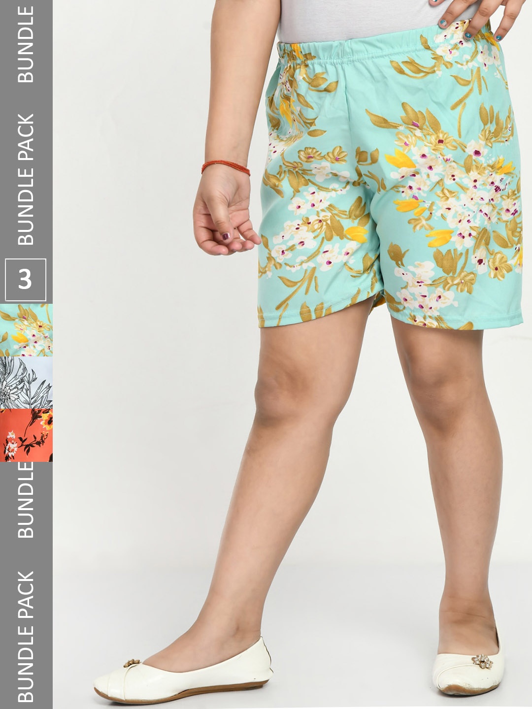 

IndiWeaves Girls Pack Of 3 Floral Printed High-Rise Shorts, Green
