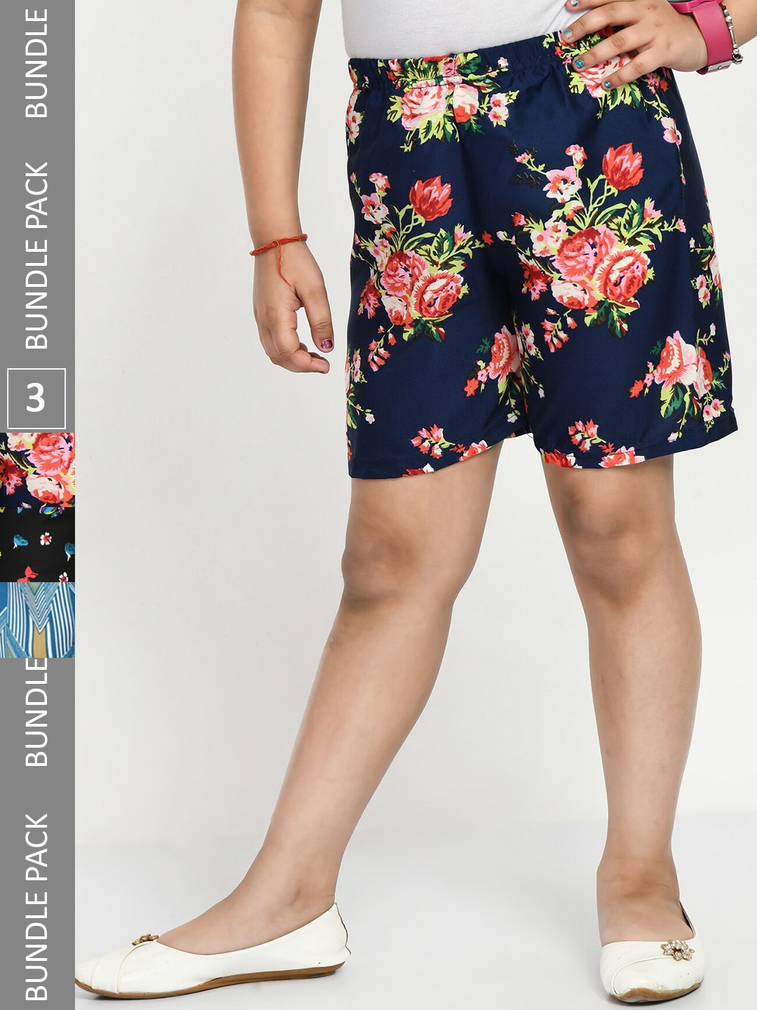 

IndiWeaves Girls Pack Of 3 Printed Shorts, Navy blue