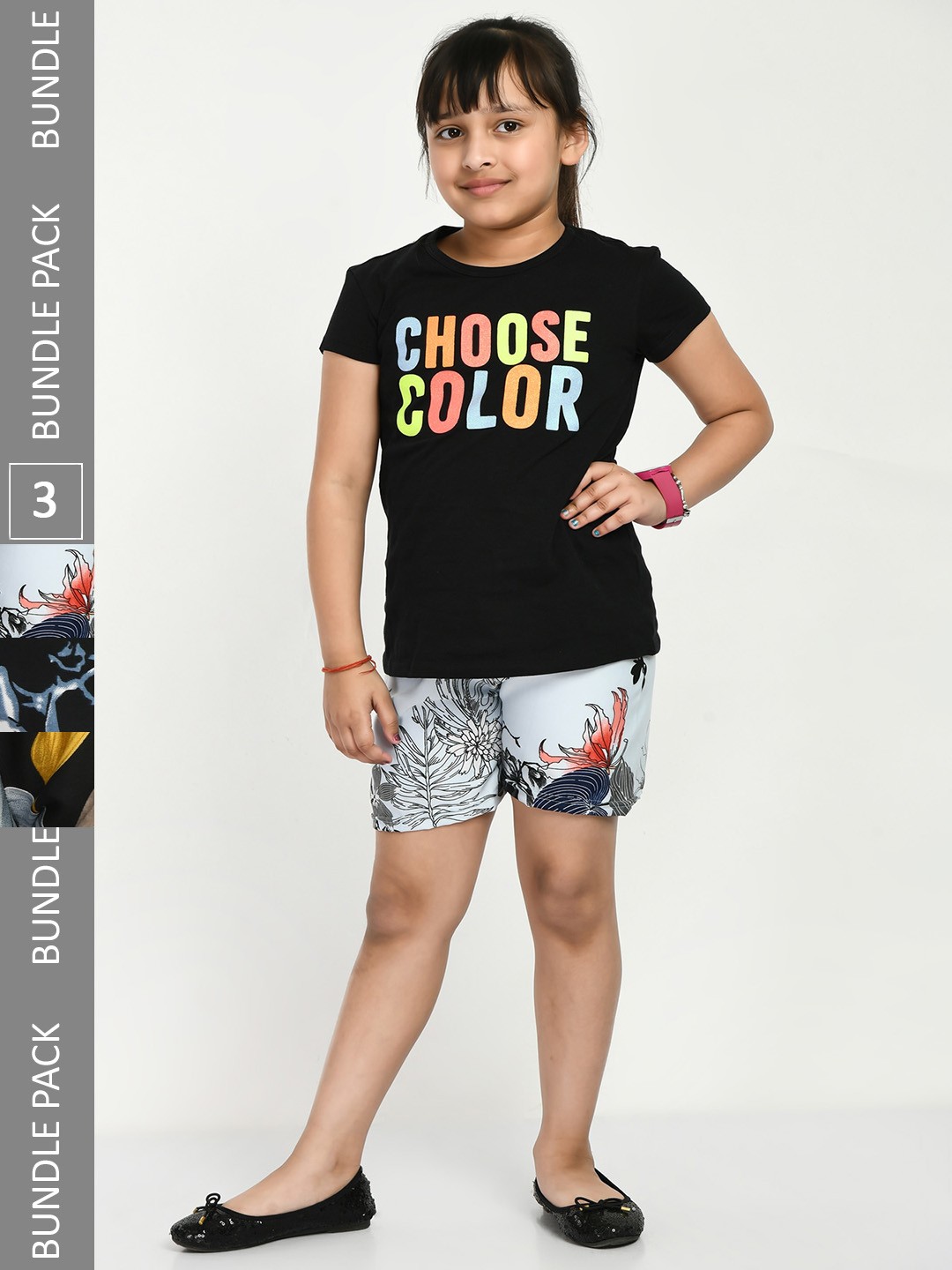 

IndiWeaves Girls Pack Of 3 Printed Mid-Rise Shorts, Black