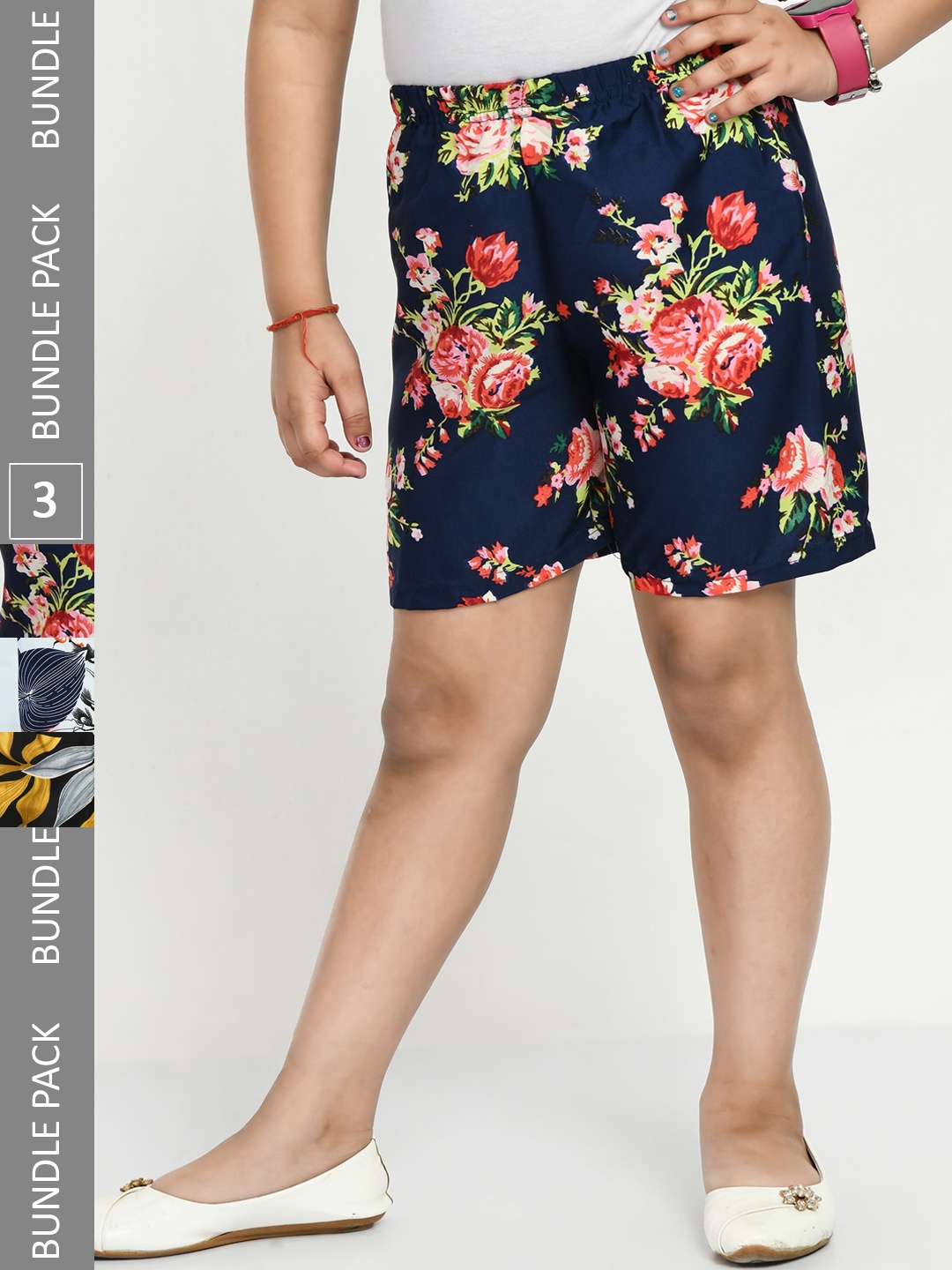 

IndiWeaves Girls Pack of 3 Printed High-Rise Shorts, Navy blue