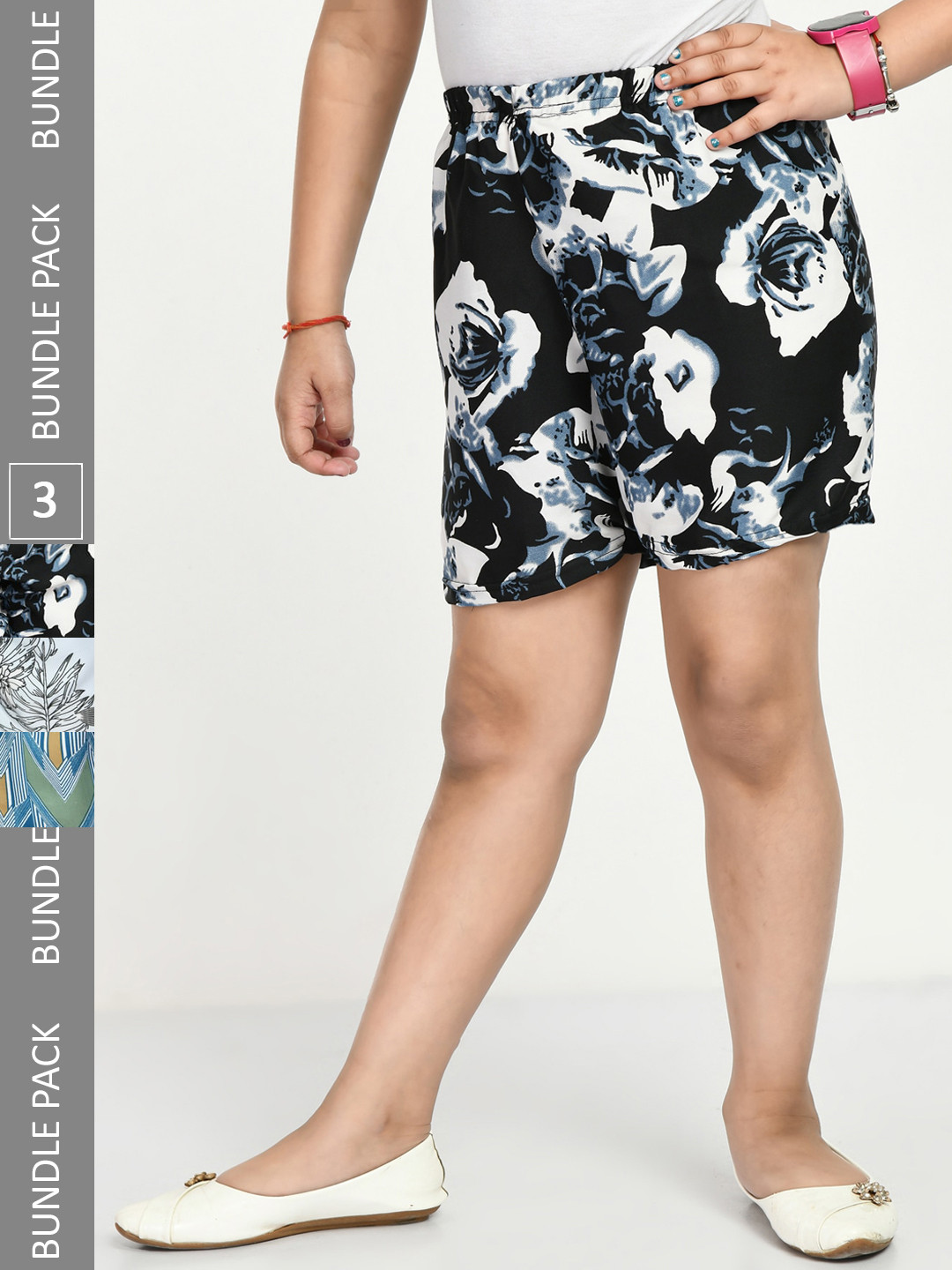 

IndiWeaves Girls Pack of 3 Printed High-Rise Shorts, Black
