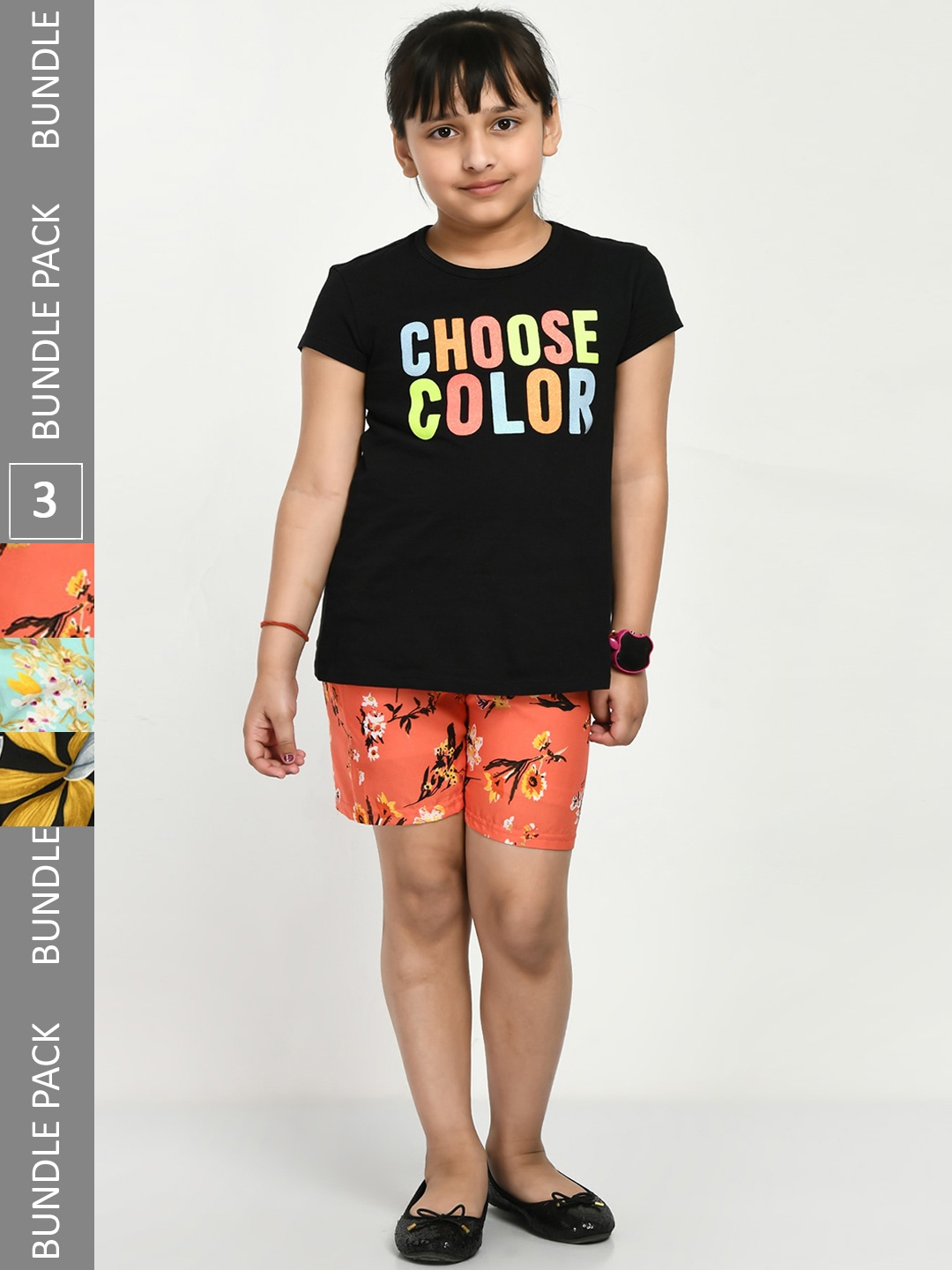 

IndiWeaves Girls Pack of 3 floral Printed High-Rise Shorts, Peach