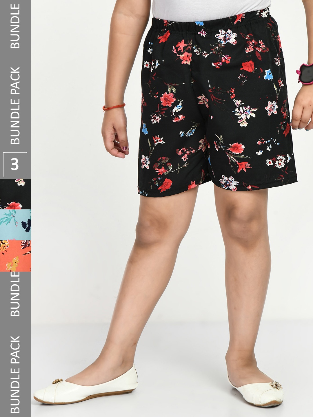 

IndiWeaves Girls Pack Of 3 Printed High-Rise Shorts, Black