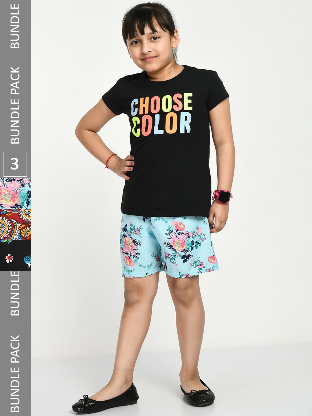 

IndiWeaves Girls Pack Of 3 Floral Printed High-Rise Shorts, Black