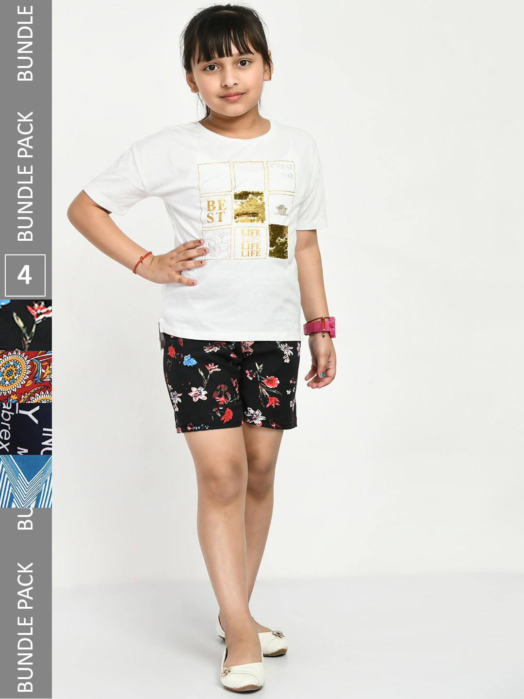 

IndiWeaves Girls Pack Of 4 Printed High-Rise Shorts, Black