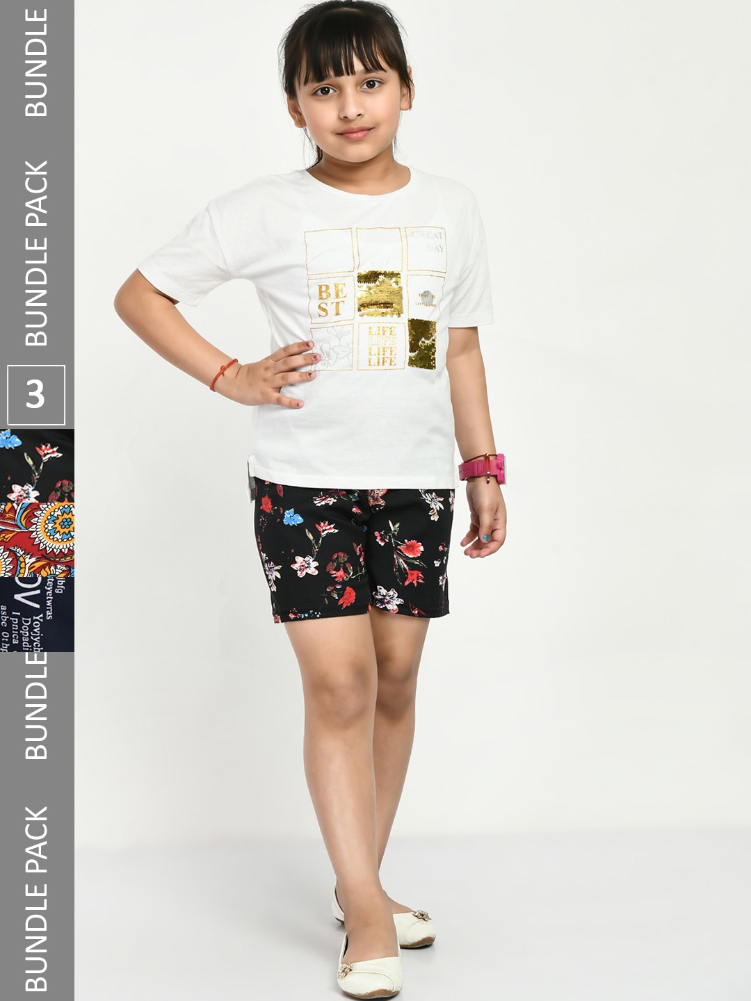

IndiWeaves Girls Pack Of 3 Floral Printed High-Rise Shorts, Black