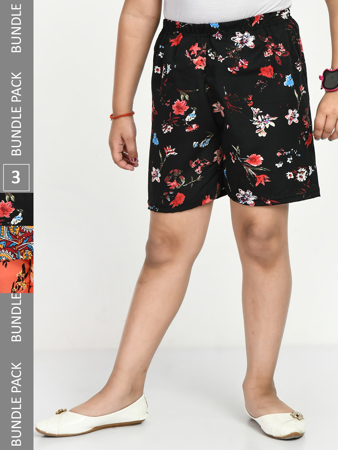 

IndiWeaves Girls Pack Of 3 Printed Shorts, Black
