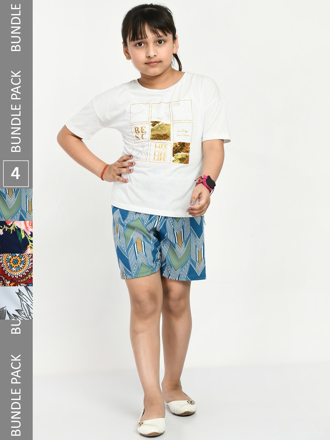 

IndiWeaves Girls Pack of 4 Printed High-Rise Shorts, Navy blue