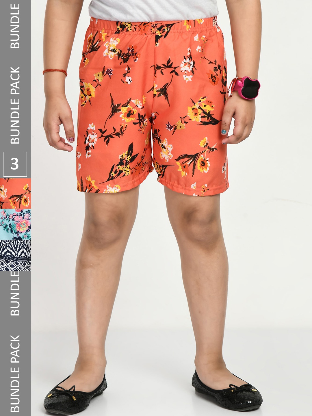 

IndiWeaves Girls Pack of 3 Printed High-Rise Shorts, Coral