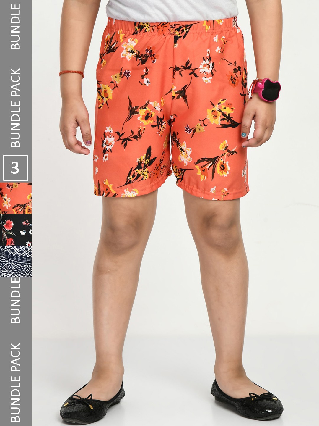 

IndiWeaves Girls Pack Of 3 Floral Printed High-Rise Shorts, Coral
