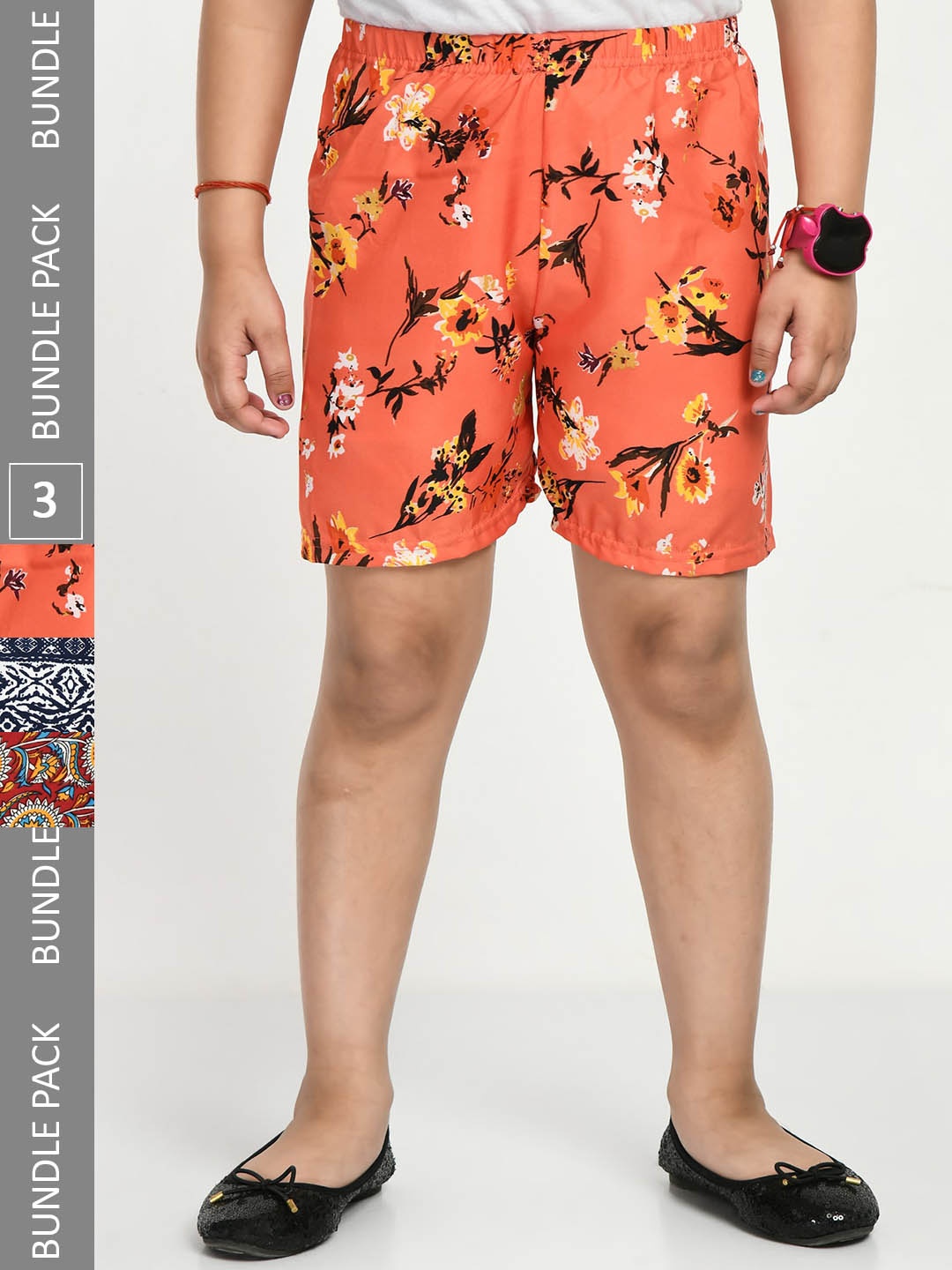 

IndiWeaves Girls Pack Of 3 Printed High-Rise Shorts, Orange