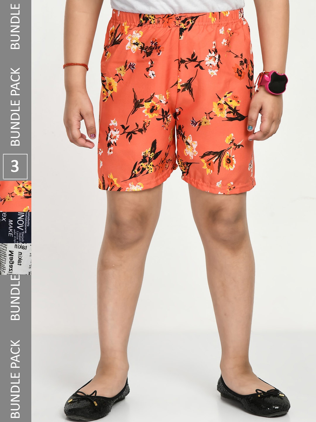 

IndiWeaves Girls Pack of 3 Printed High-Rise Shorts, Peach