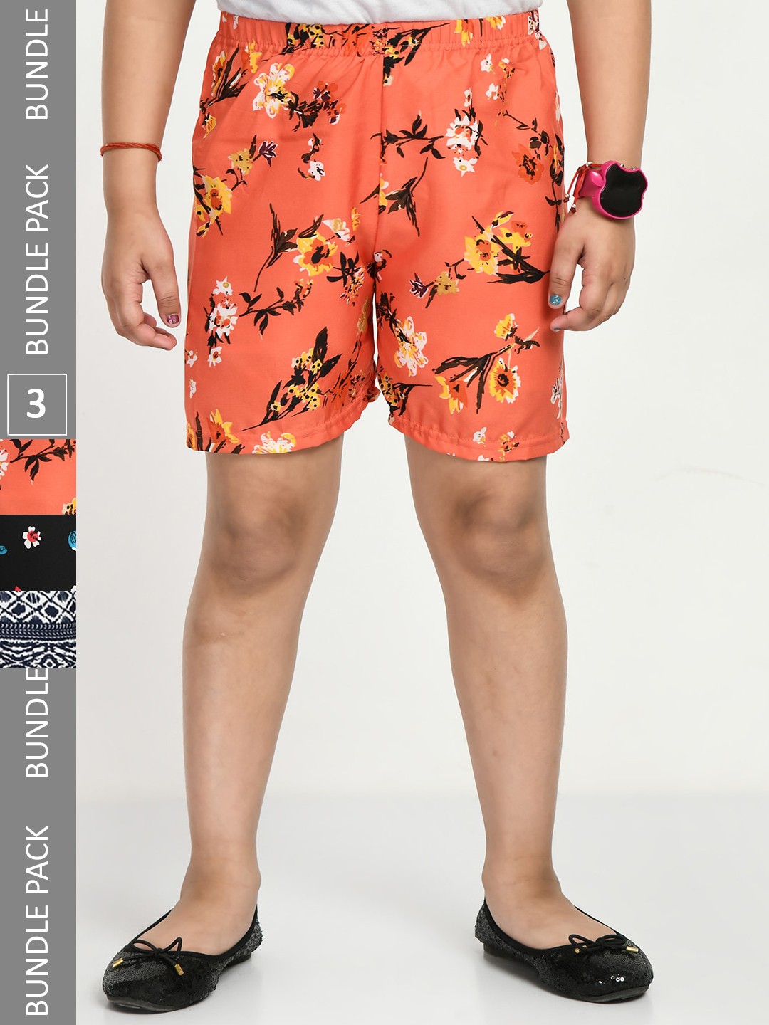

IndiWeaves Girls Pack Of 3 Floral Printed High-Rise Shorts, Coral