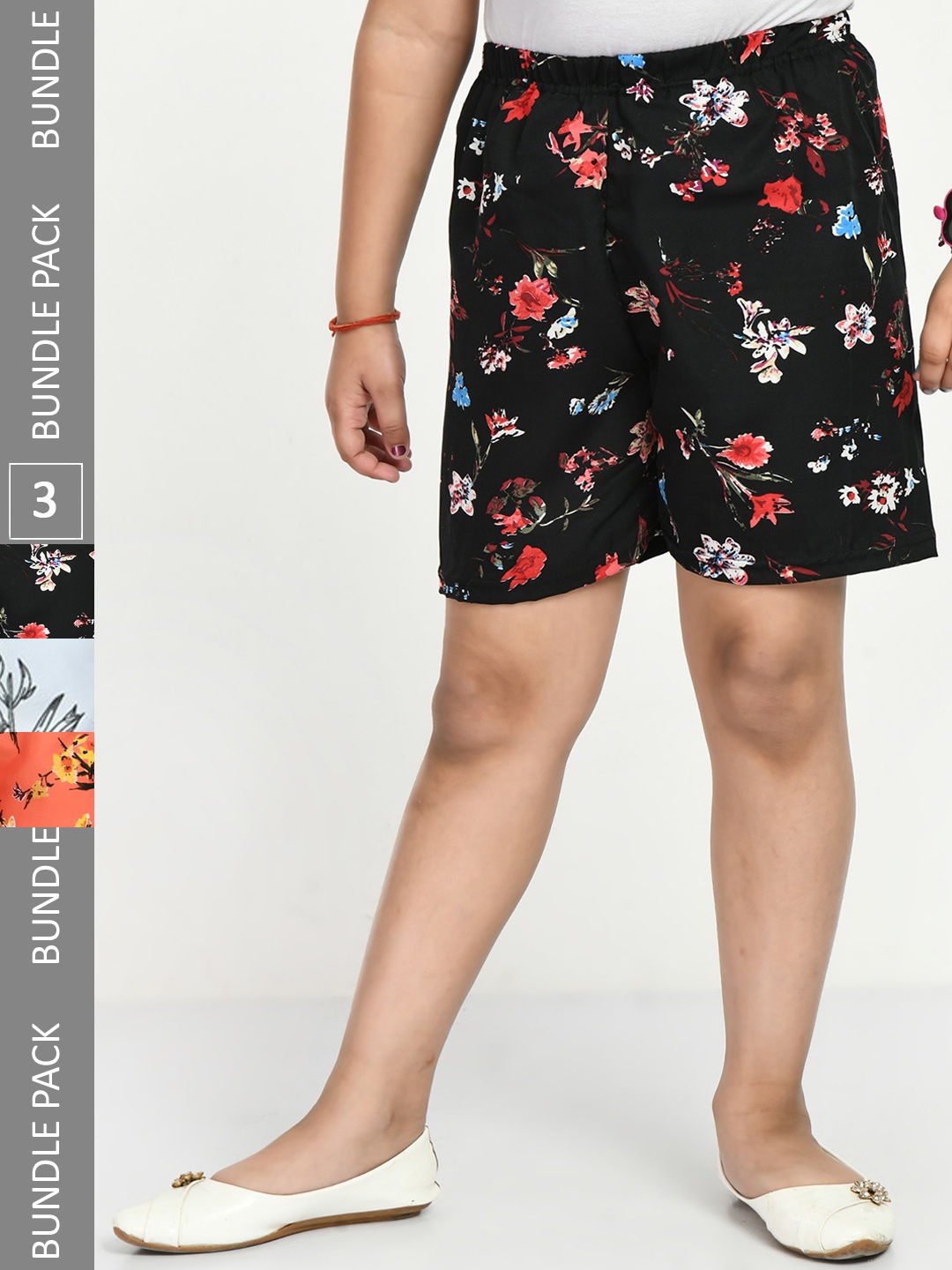 

IndiWeaves Girls Pack of 3 Printed High-Rise Shorts, Black