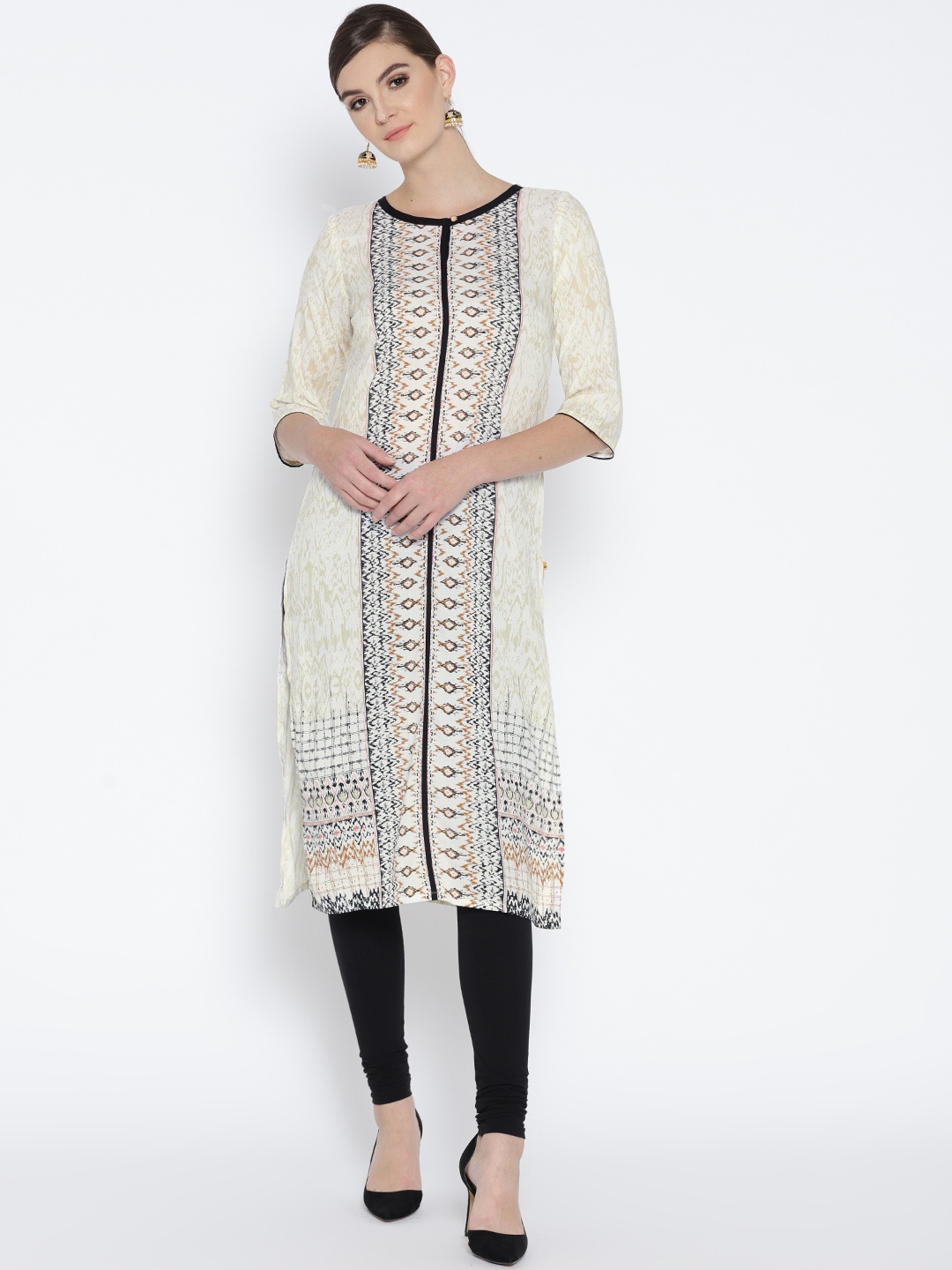 

AURELIA Women Off-White & Cream-Coloured Printed Straight Kurta