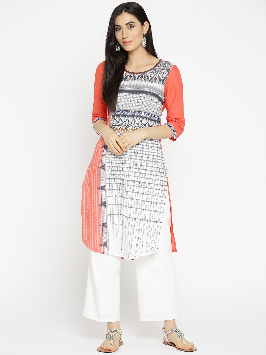 

AURELIA Women Coral Pink & White Printed Straight Kurta