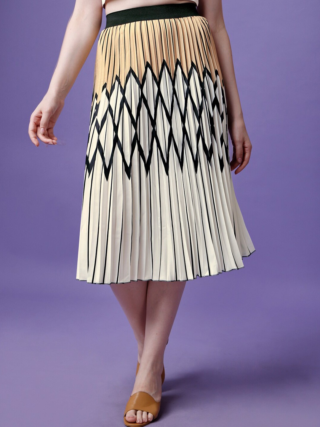 

DEKLOOK Geometric Printed Pleated Flared Midi Skirt, Cream