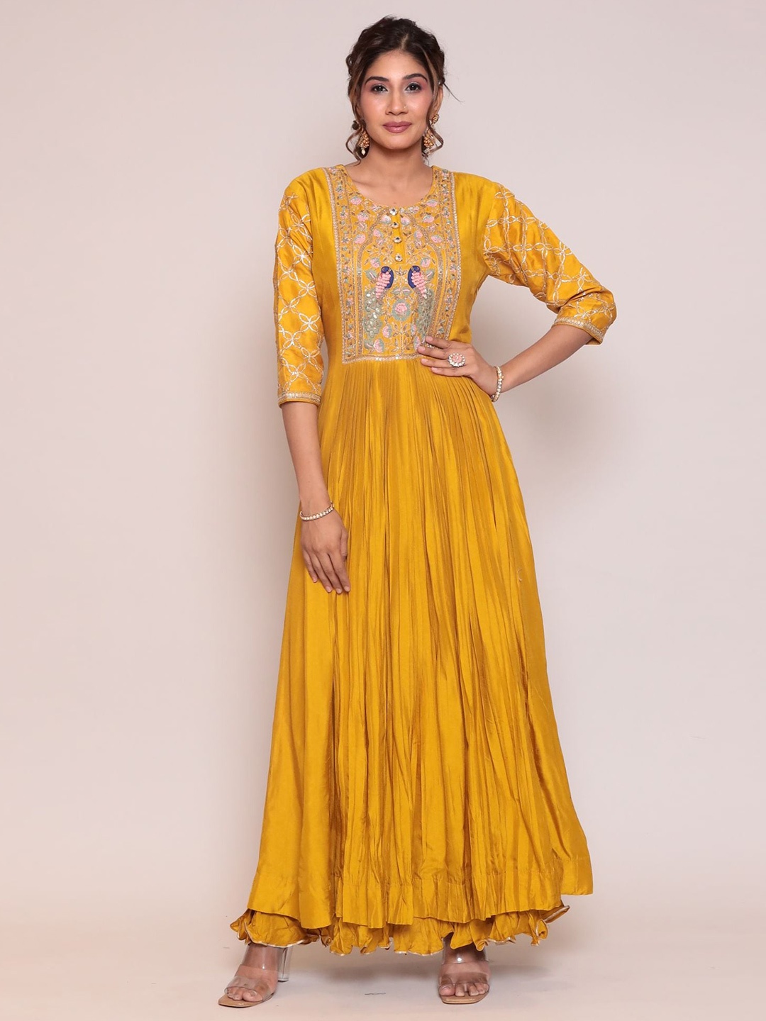 

ZARI Embellished Round Neck Layered Fit & Flare Maxi Ethnic Dress, Gold