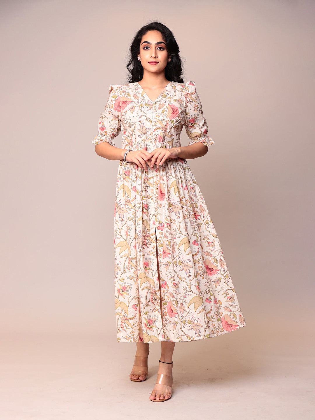 

ZARI Floral Printed V-Neck Puff Sleeves Cotton Maxi Dress, Cream