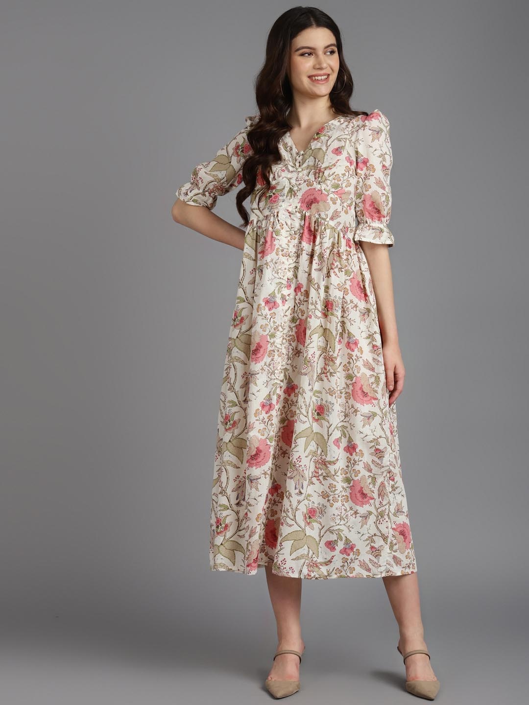 

ZARI Floral Printed V-Neck Puff Sleeves Cotton Maxi Dress, Brown