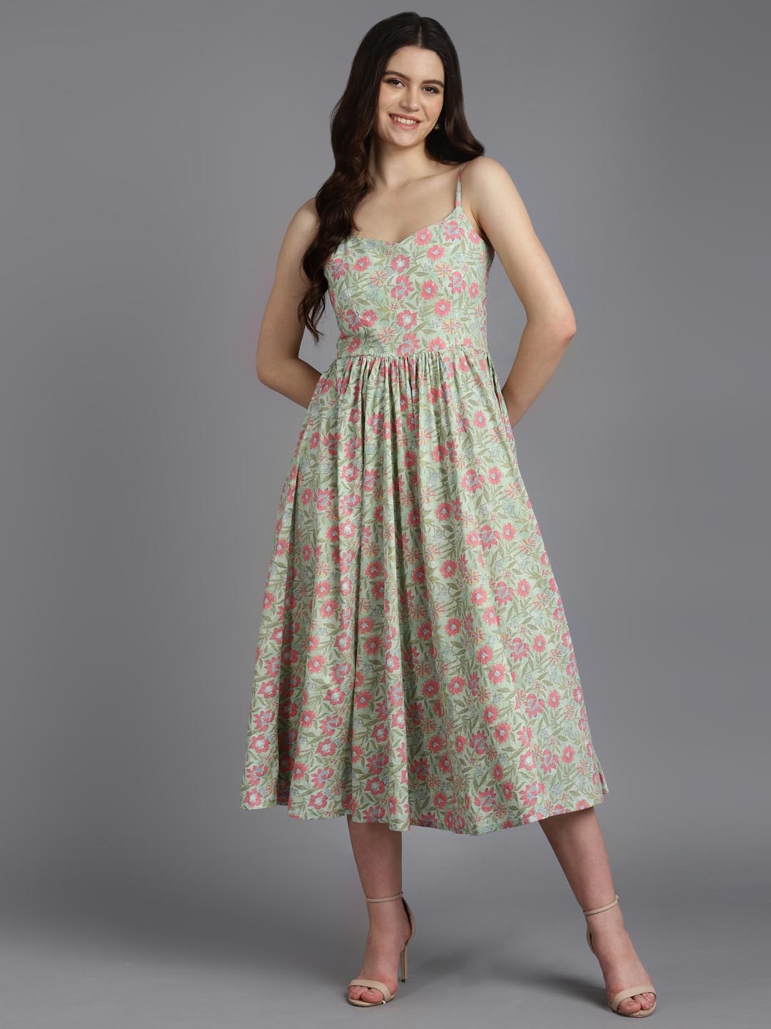 

ZARI Floral Printed Shoulder Straps Cotton Fit & Flare Midi Dress, Green