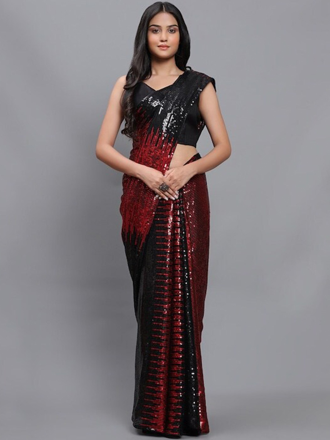 

TEREZA Embellished Sequinned Pure Georgette Saree, Red