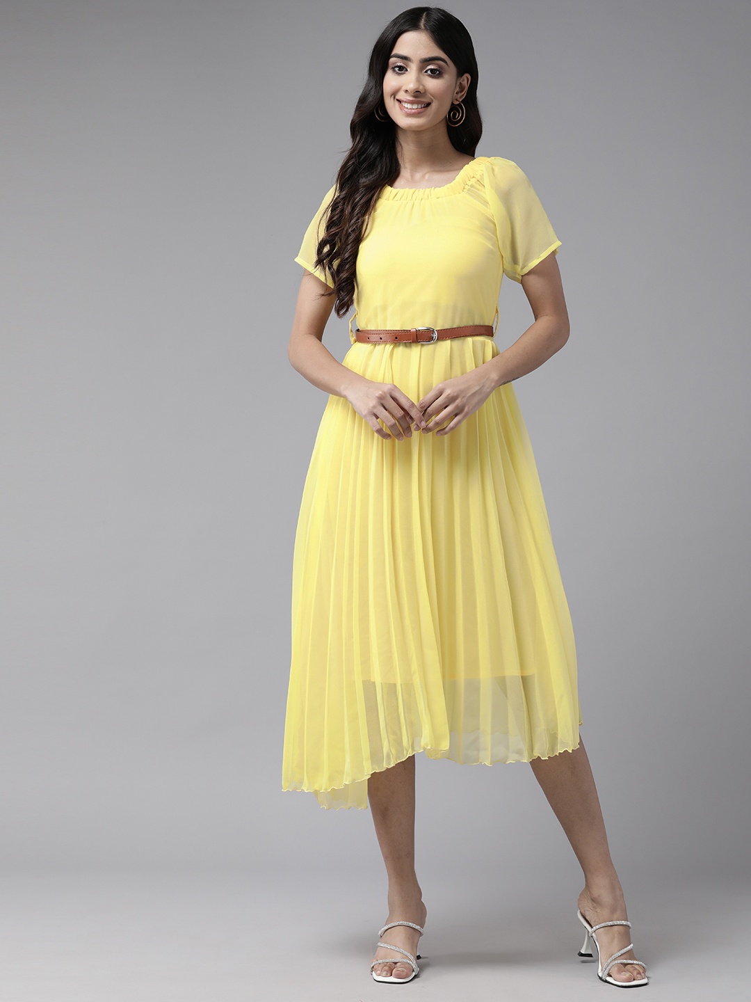 

Aarika Solid Georgette A-Line Midi Dress with Belt, Yellow