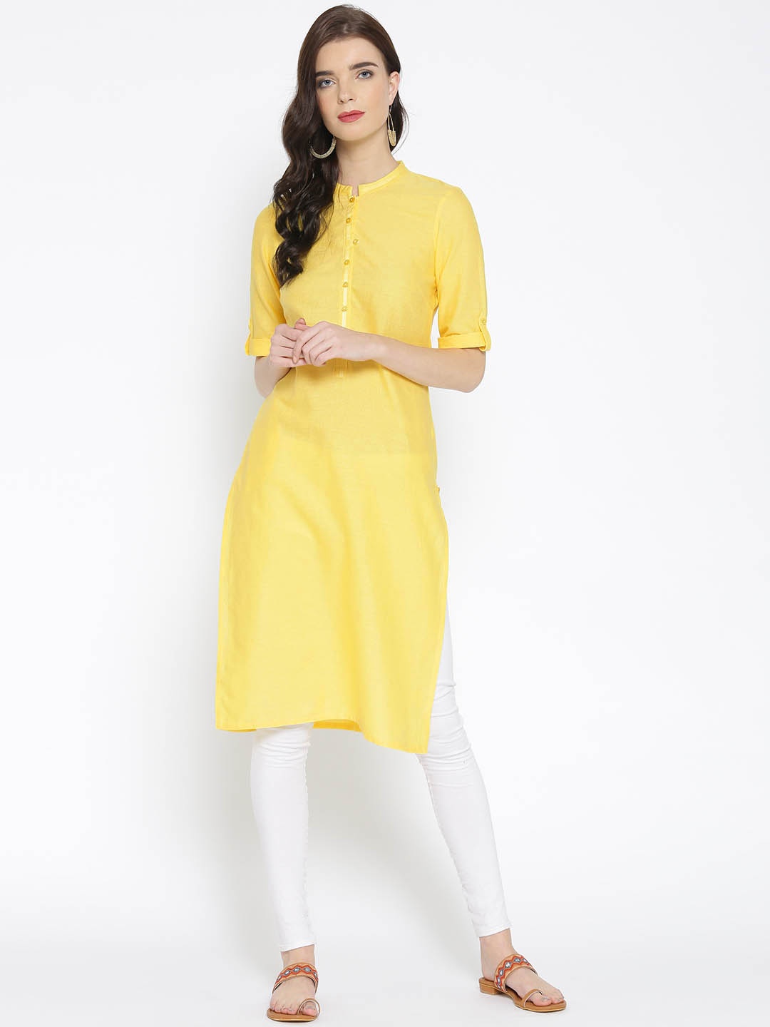 

AURELIA Women Yellow Solid Straight Kurta