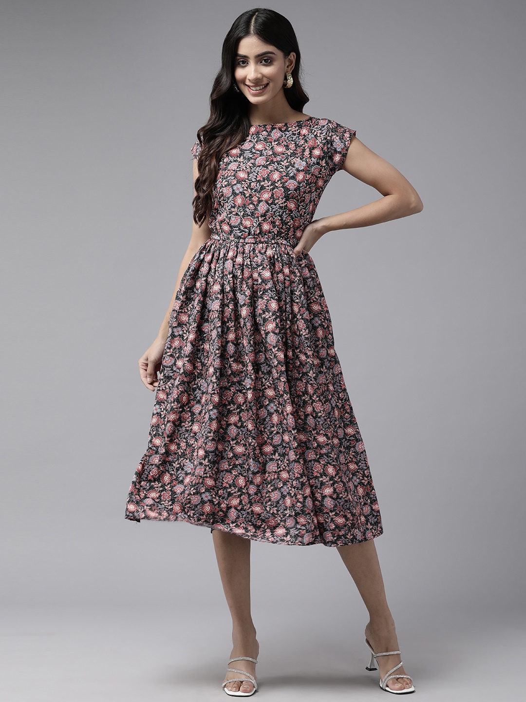 

Aarika Floral Printed Georgette A-Line Midi Dress, Black