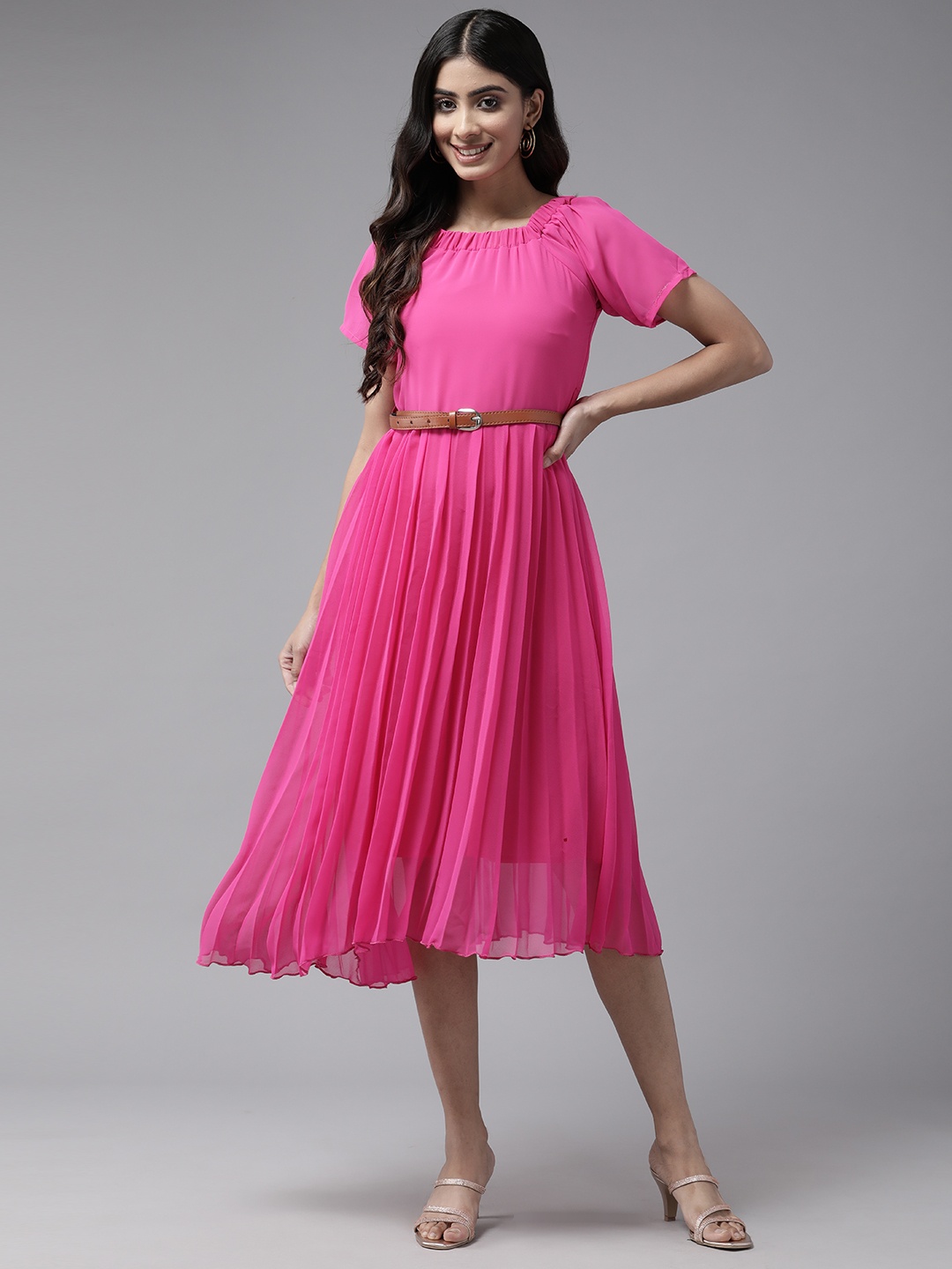 

Aarika Solid Georgette A-Line Midi Dress with Belt, Pink