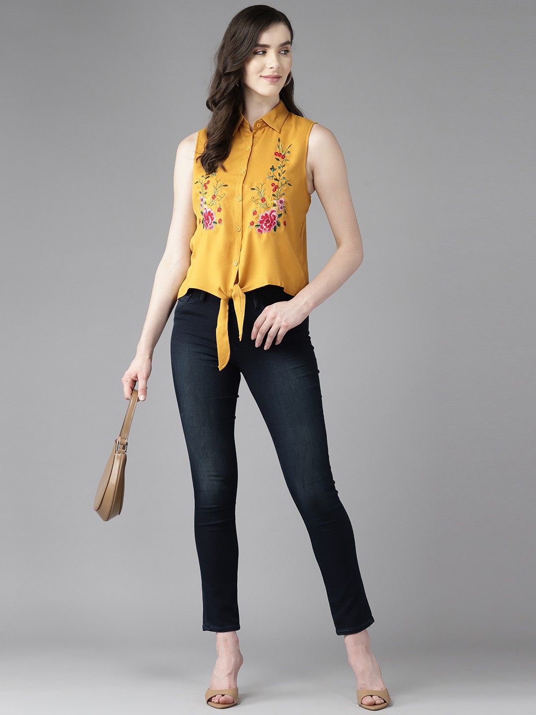 

Aarika Floral Embroidered Net Shirt Style Top, Mustard