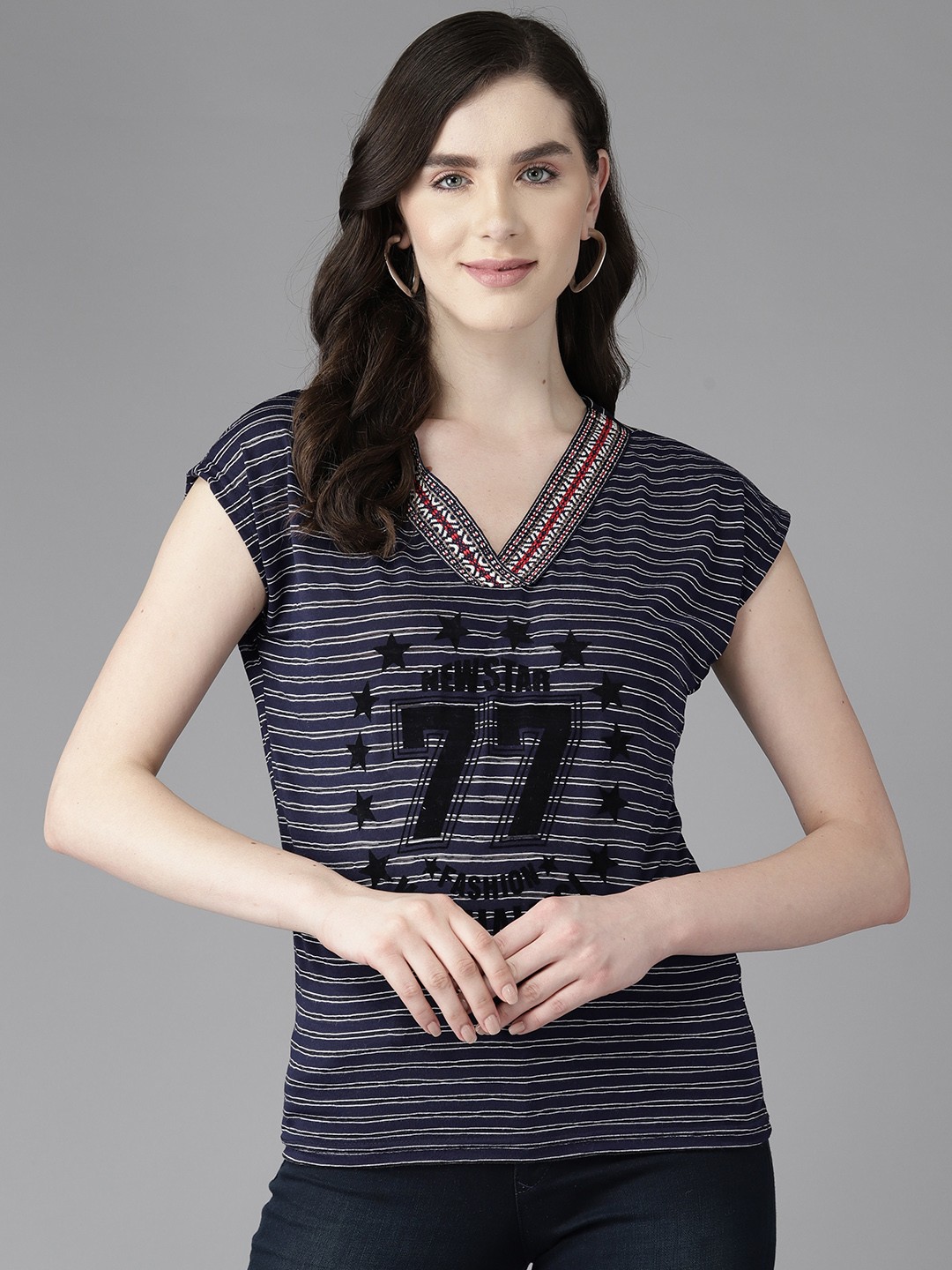 

Aarika Printed Net Top, Navy blue