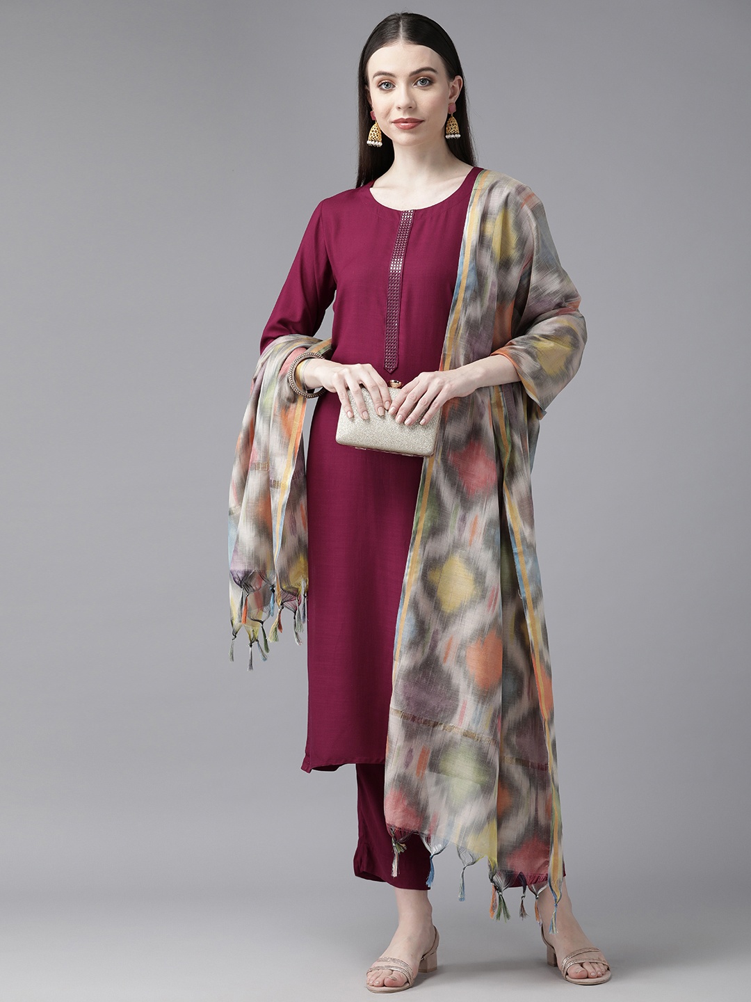 

Aarika Women Regular Sequinned Pure Cotton Kurta with Palazzos & With Dupatta, Maroon