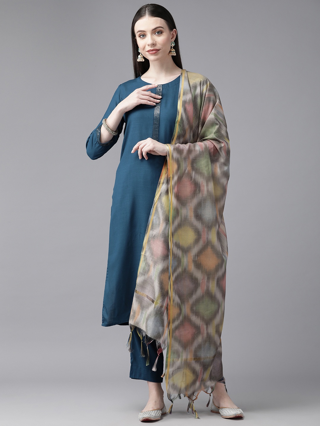 

Aarika Women Regular Sequinned Pure Cotton Kurta with Palazzos & With Dupatta, Turquoise blue