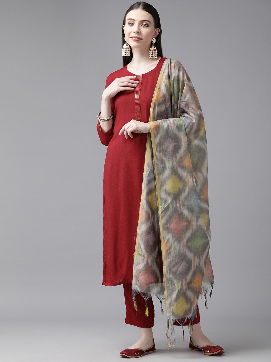 

Aarika Women Regular Sequinned Pure Cotton Kurta with Palazzos & With Dupatta, Maroon
