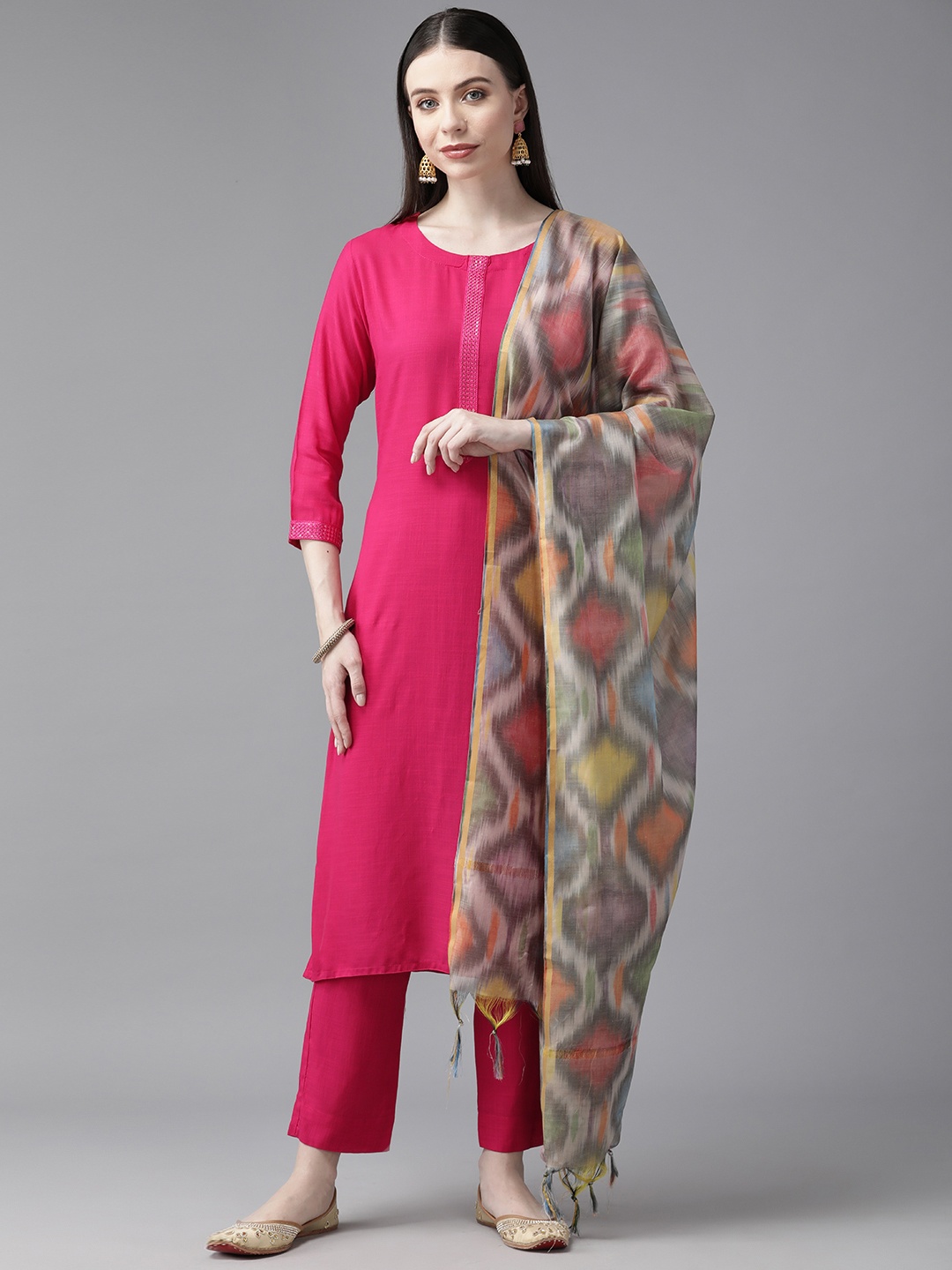 

Aarika Women Regular Sequinned Pure Cotton Kurta with Palazzos & With Dupatta, Pink