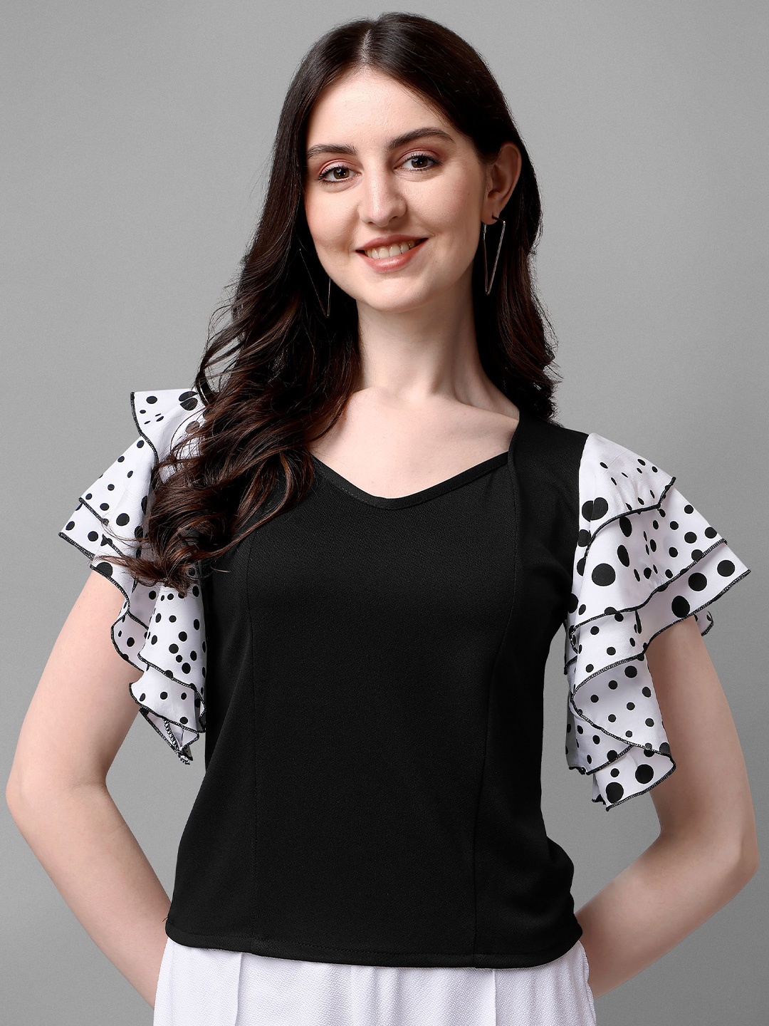 

Adokedo Polka Dots Printed V-Neck Flutter Sleeves Regular Top, Black