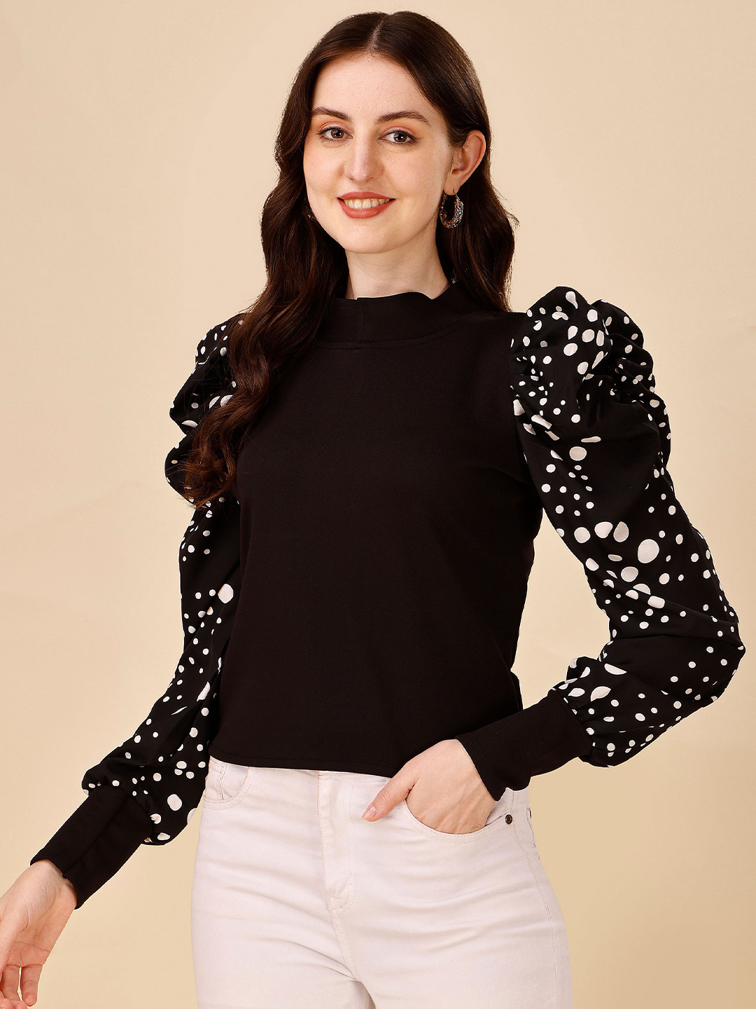 

Adokedo Polka Dots Printed High Neck Puff Sleeves Top, Black