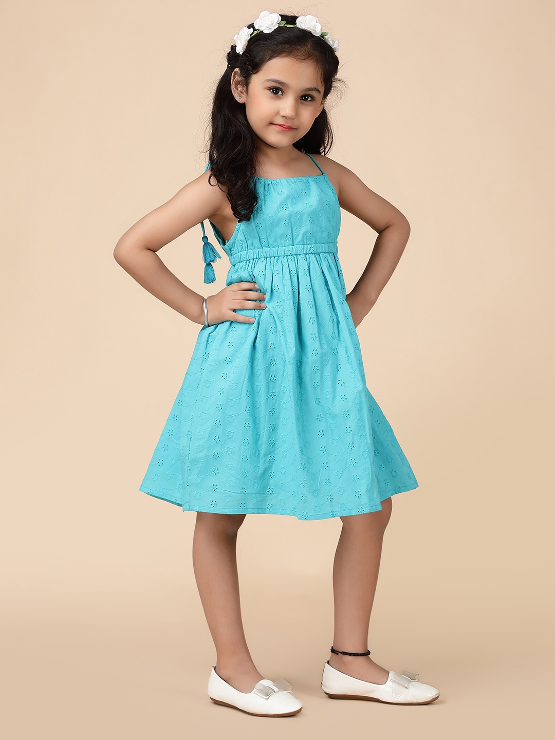 

HERE&NOW Girls Blue Self Design Shoulder Straps Cotton Fit & Flare Dress